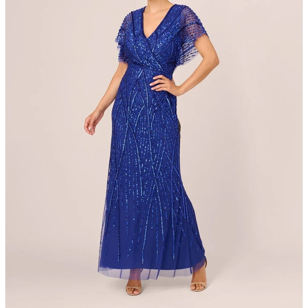 ADRIANNA PAPELL Dress Womens Size 8 Blue Beaded Surplice Flutter Sleeve Gown